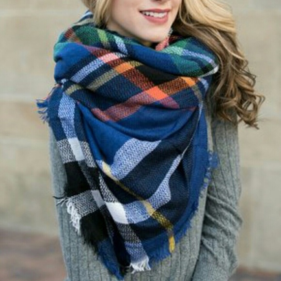 Accessories - Popular blue plaid oversized blanket scarf